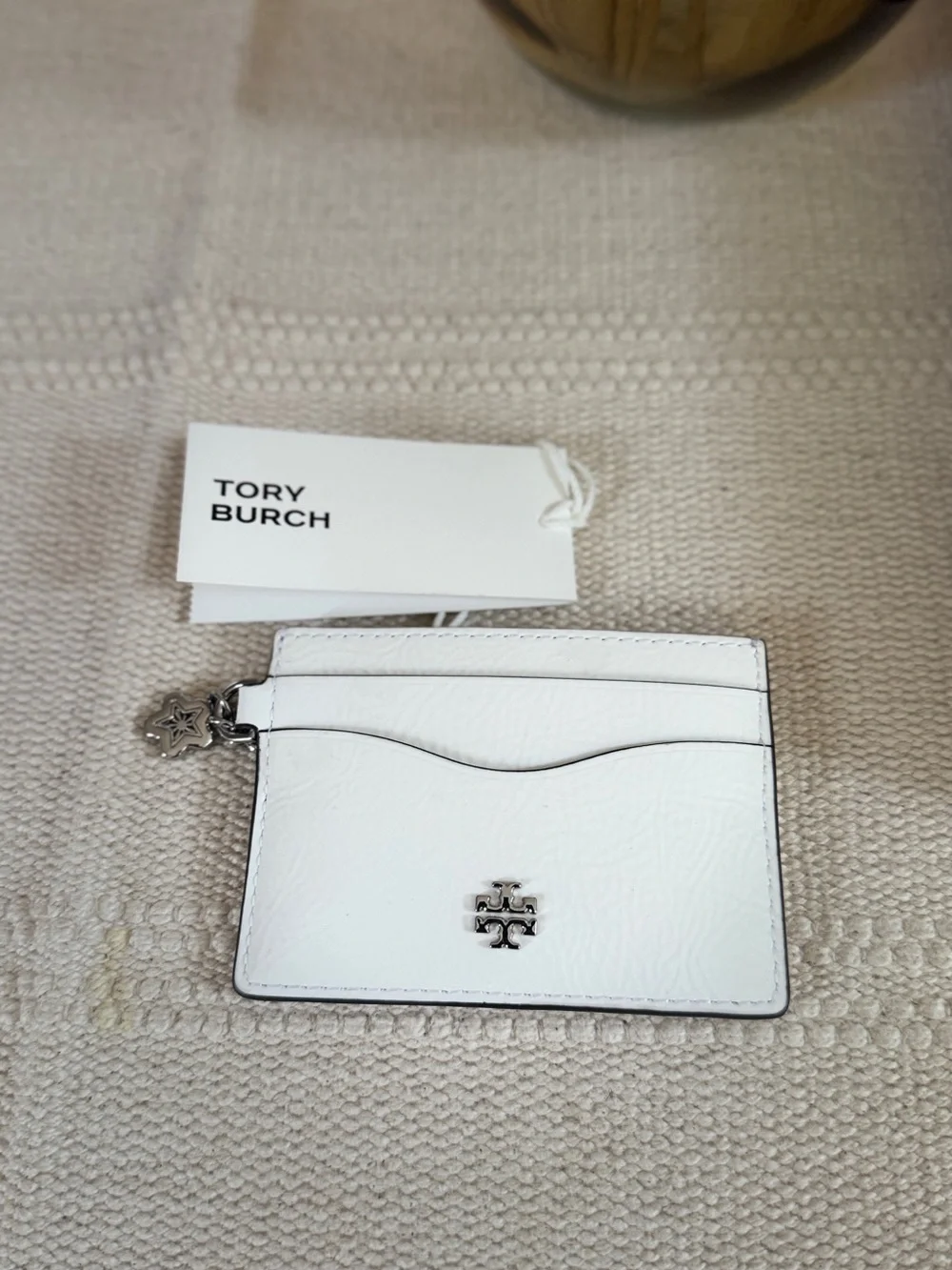 Tory Burch White Leather Card Holder with Logo Charm